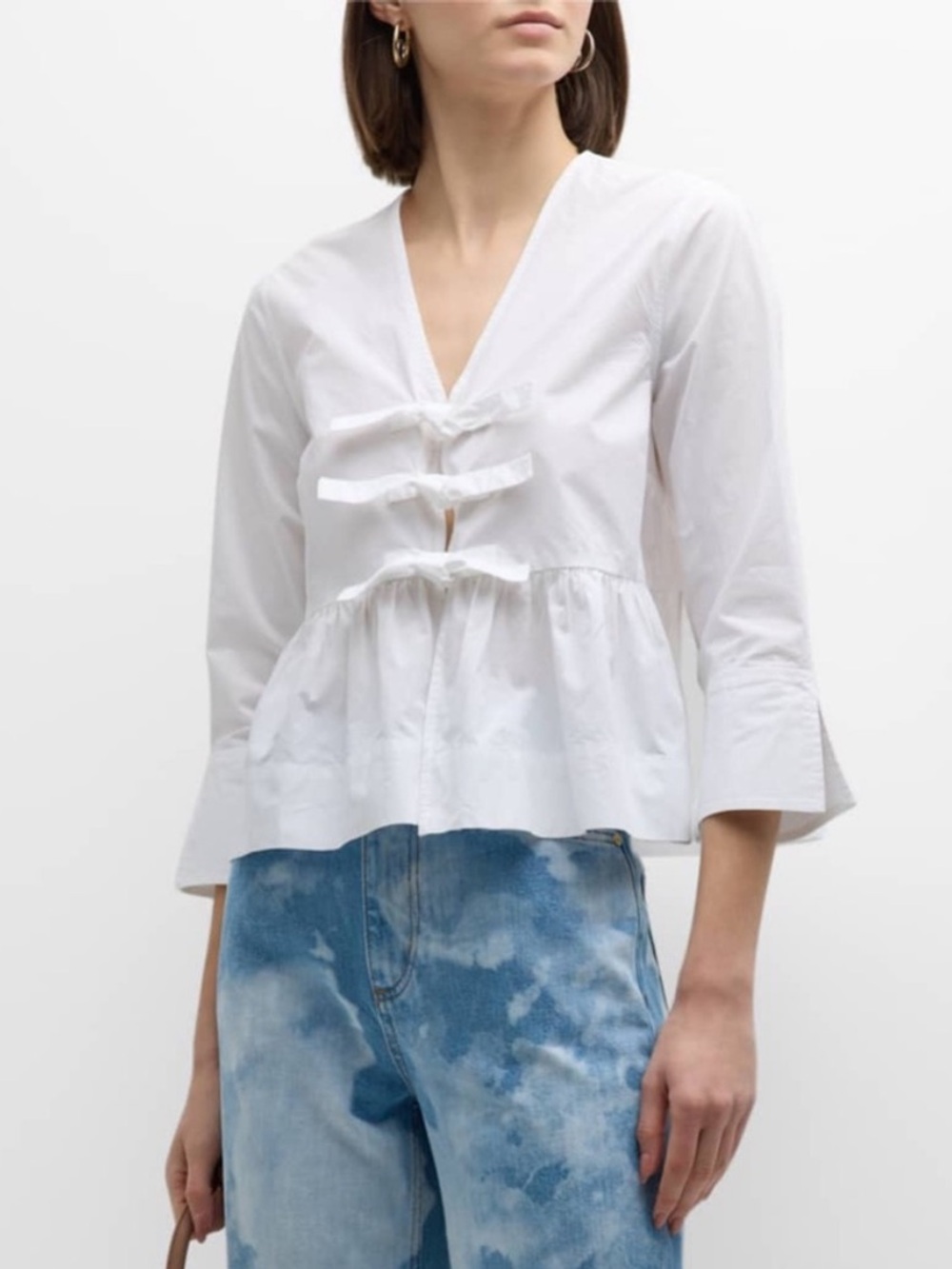 Ganni Tie Front Cotton Peplum Blouse in White Size 32